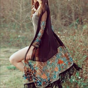 Tasseled Mesh Kimono Black Small